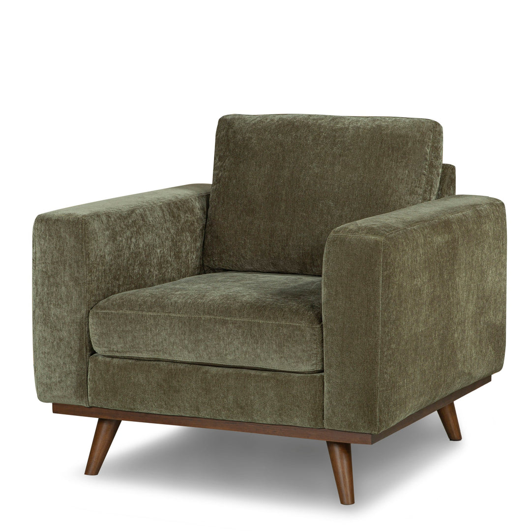 Glenwood Accent Chair in Moss Olive Green side view - mid-century velvet lounge chair private label - Whats New Furniture Portland OR