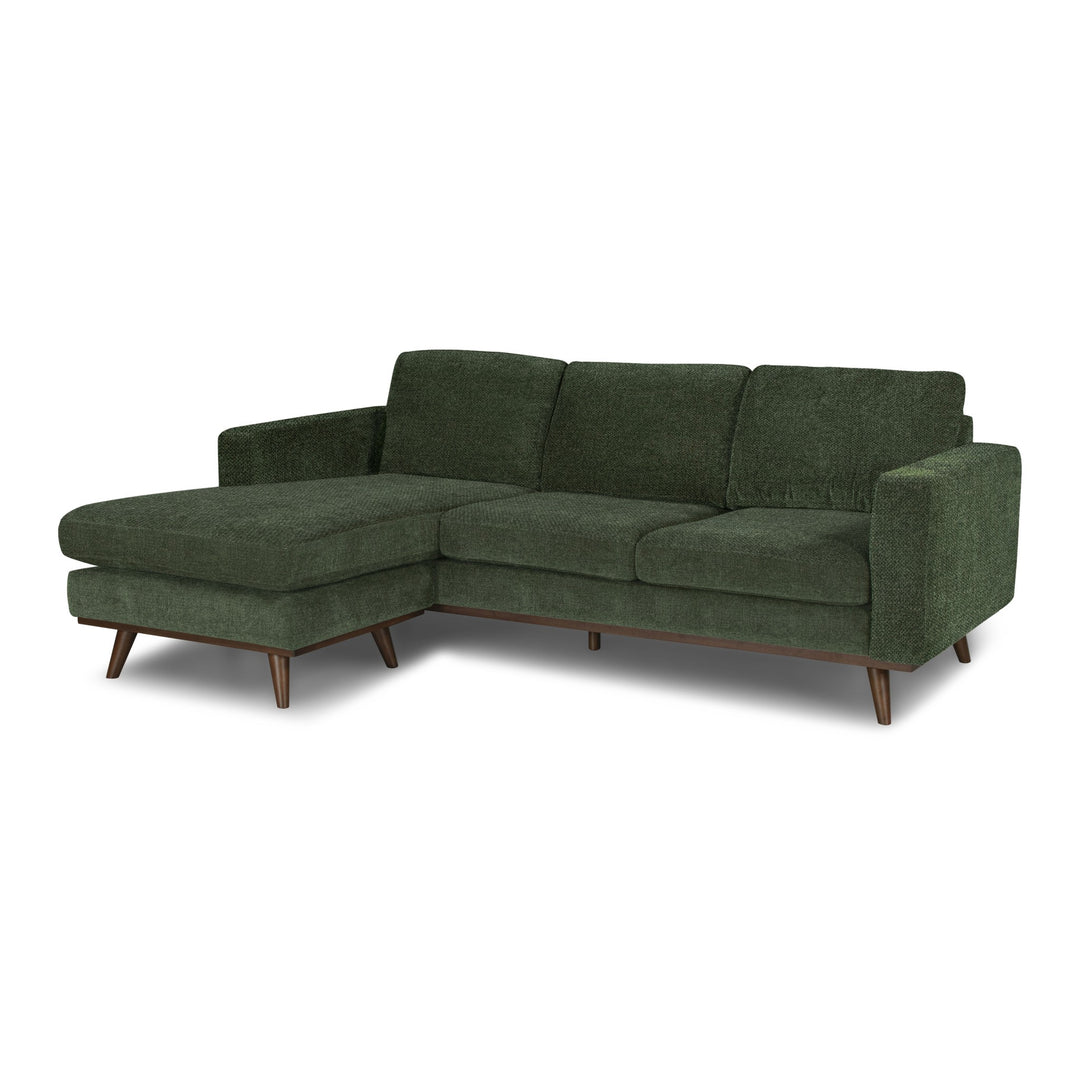 Glenwood Reversible Sectional in Moss Olive Green fabric - angled three-quarter view - mid-century modern sectional - Whats New Furniture Portland OR