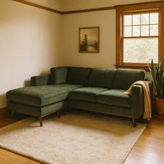 Glenwood Reversible Sectional in Moss Olive Green styled in a bright Portland mid-century modern living room - Whats New Furniture