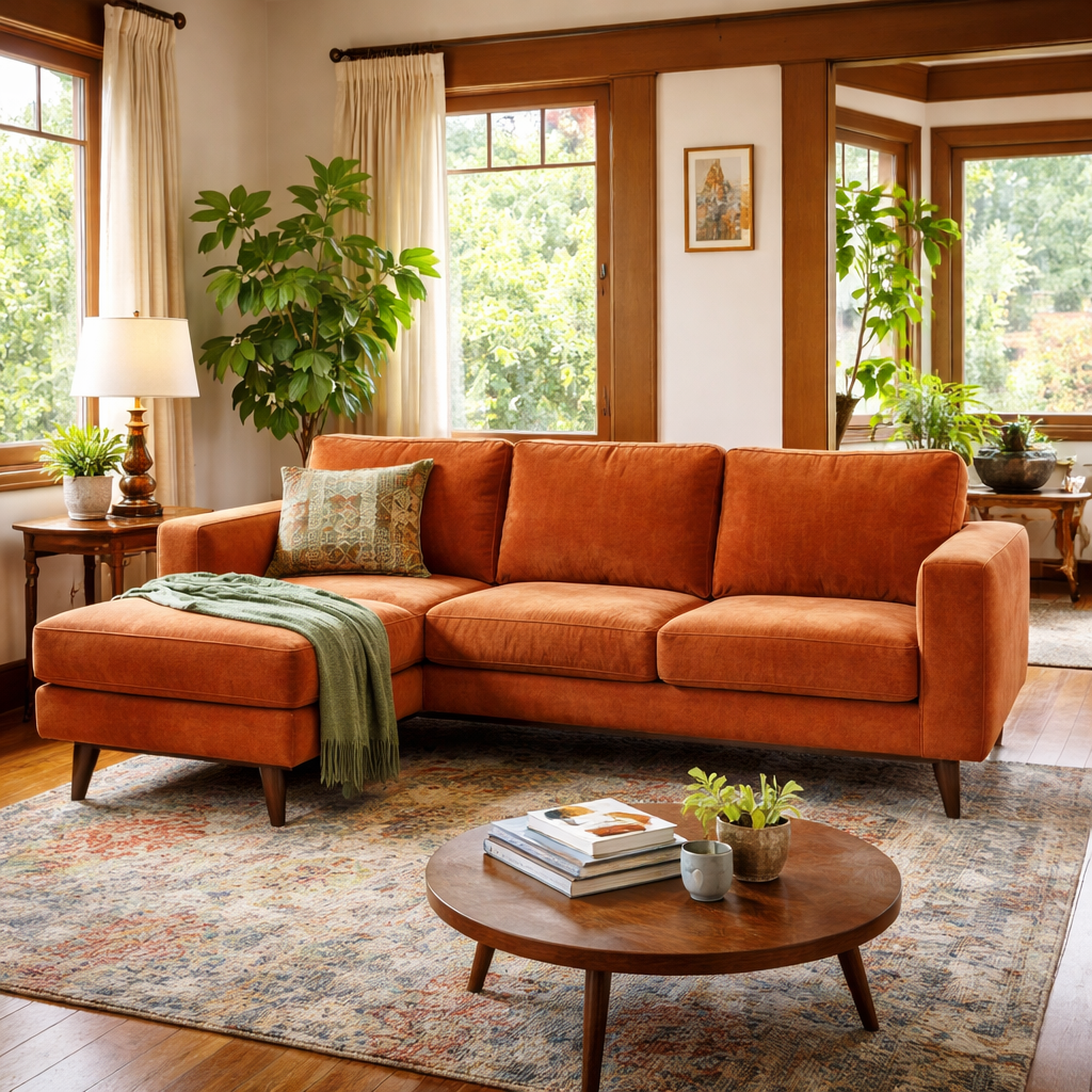 Glenwood Reversible Sectional in Moss Rust corner detail - reversible chaise sectional private label - Whats New Furniture Portland OR