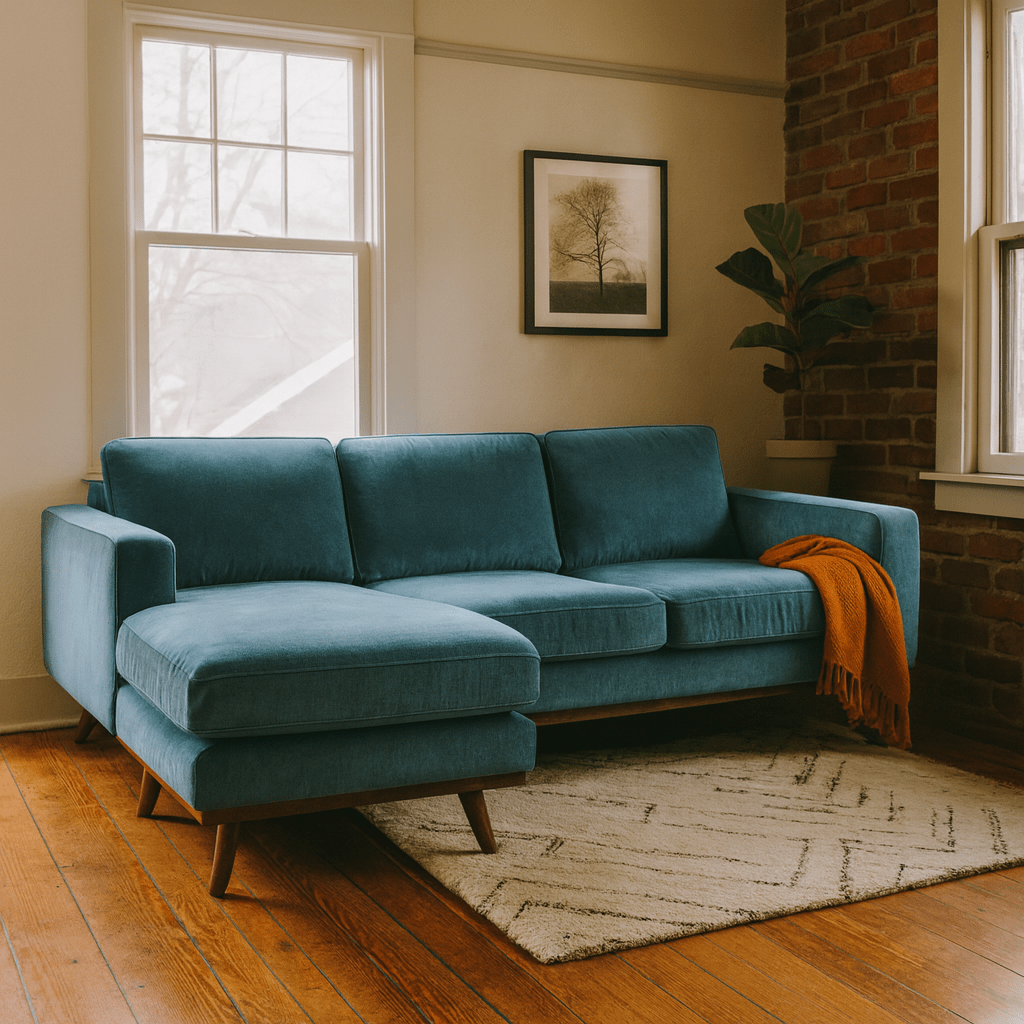 Glenwood Reversible Sectional in Moss Turquoise variant side view - reversible chaise sectional private label - Whats New Furniture Portland OR
