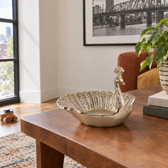 Gold Aluminum Peacock Trinket Dish 7" styled in a Portland living room - Whats New Furniture