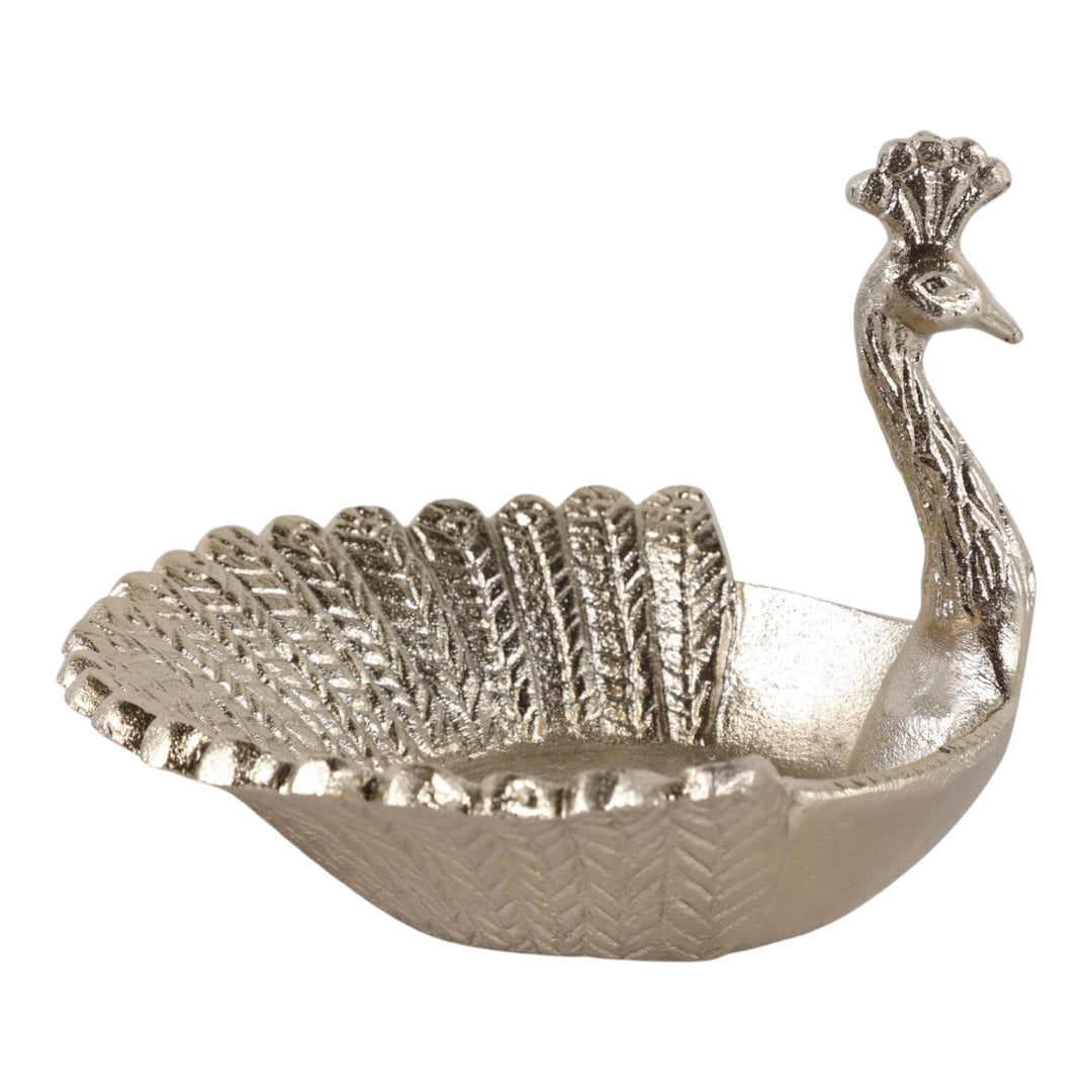 Gold Aluminum Peacock Trinket Dish 7" side view - trinket dish by Sagebrook Home - Whats New Furniture Portland OR