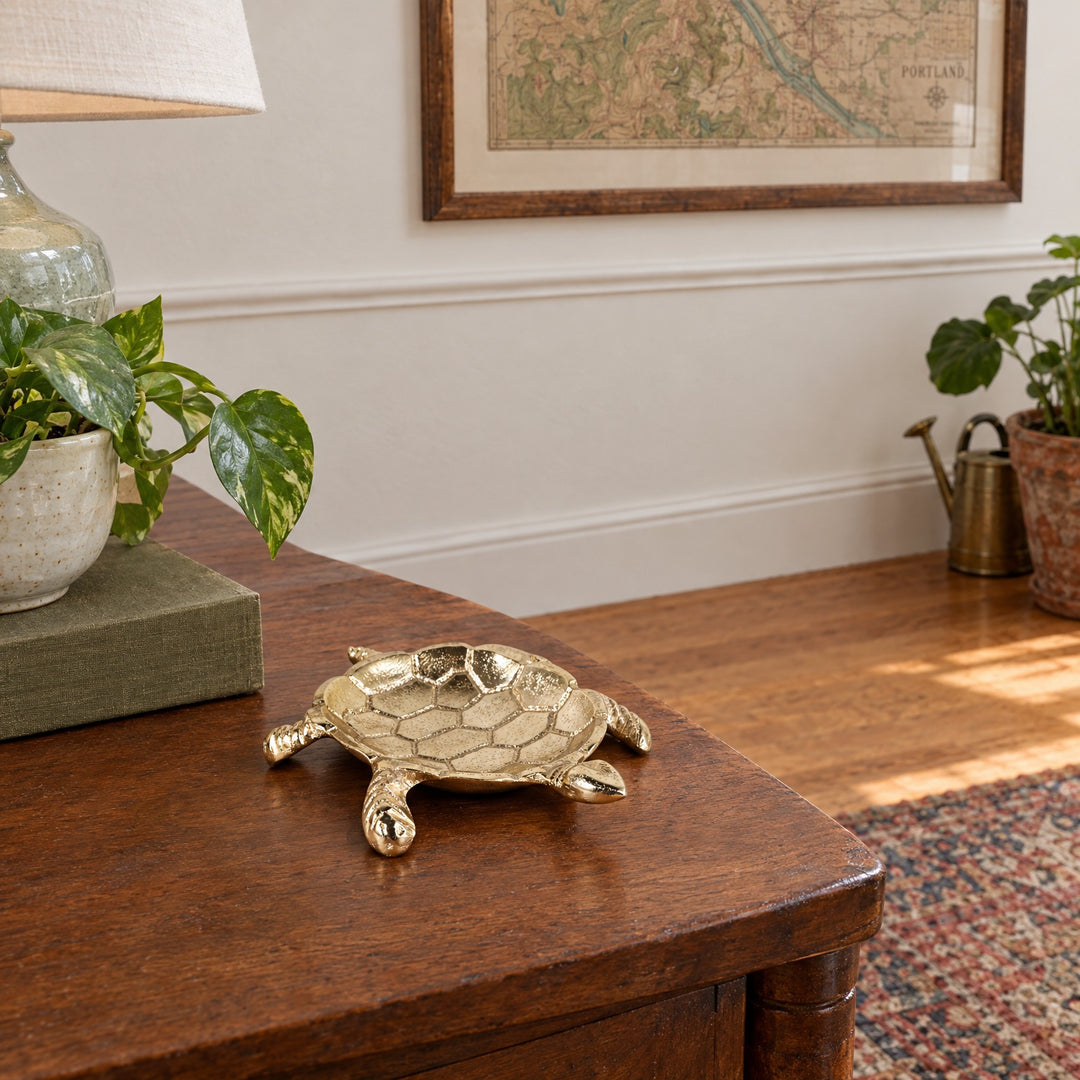 Gold Aluminum Turtle Trinket Dish 7" styled in a Portland living room - Whats New Furniture