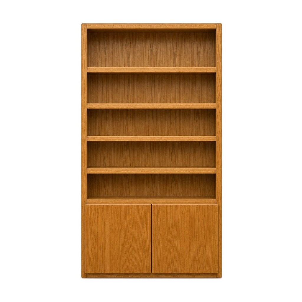 Golden Oak mid-century bookcase with tall open shelves and vertical wood grain.