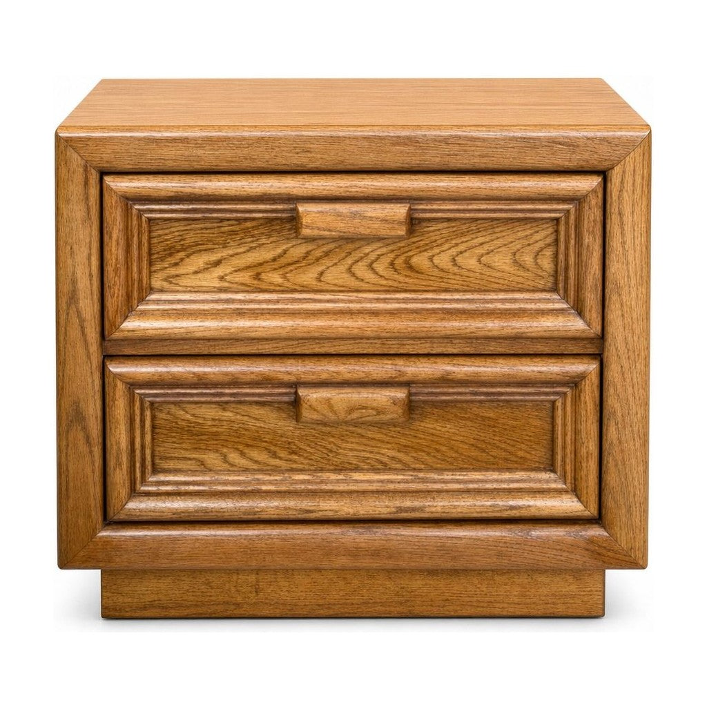 Golden solid walnut nightstand with compact mid-century silhouette and visible grain.