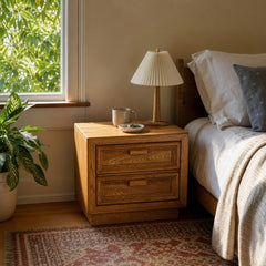 Golden solid walnut nightstand with compact mid-century silhouette and visible grain. - detail view 1