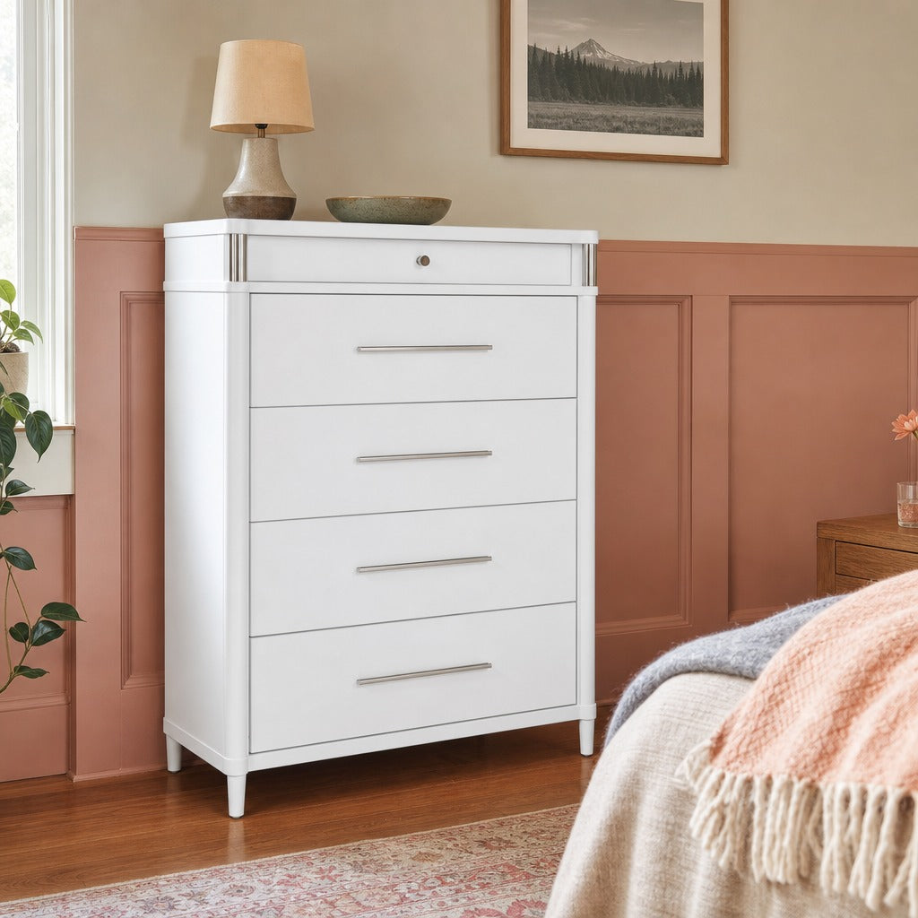 Gracemont 5 Drawer Bedroom Chest Of Drawers White styled in Portland Montavilla cottage living room - What&