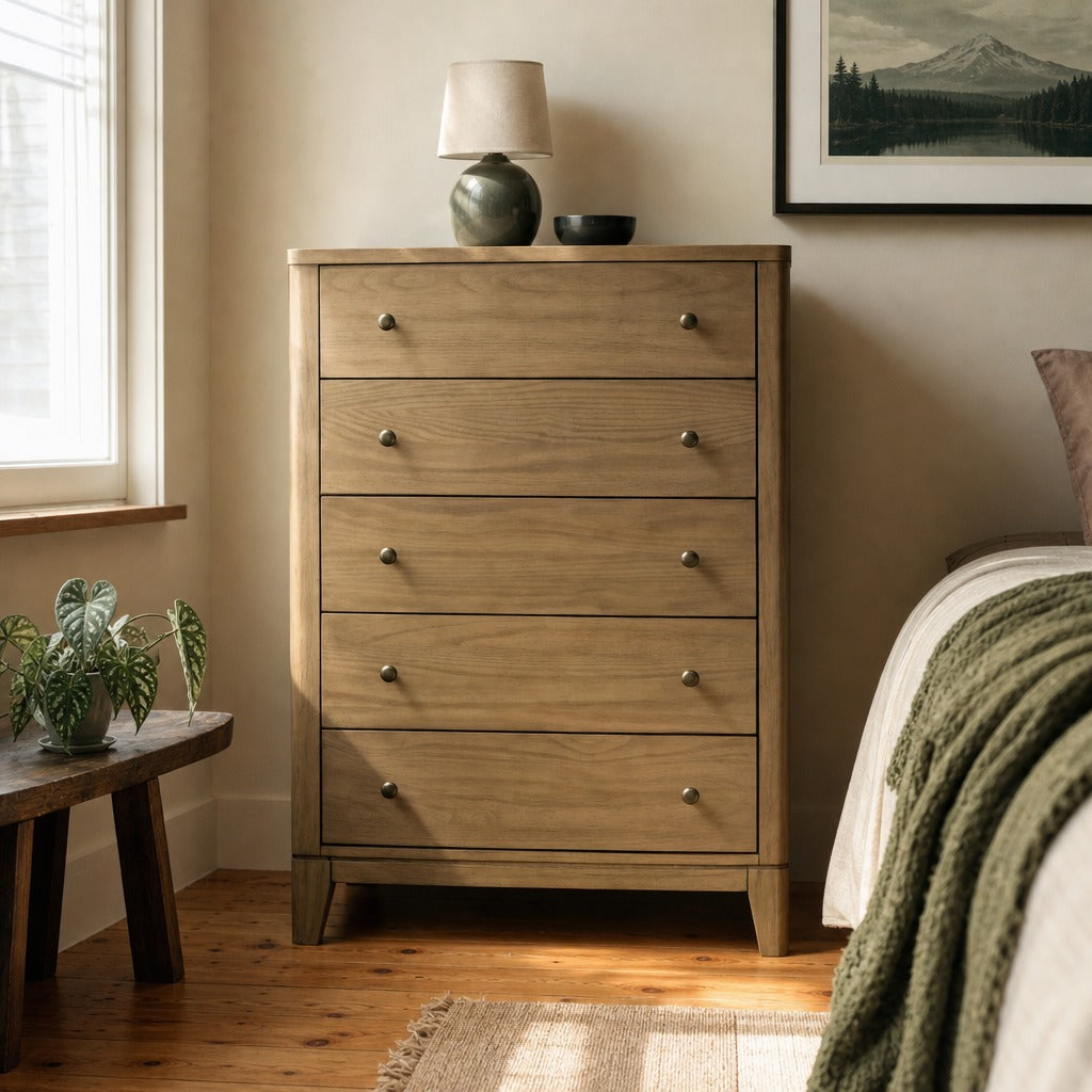 Granada 5 Drawer Bedroom Chest Of Drawers Natural Pine styled in Portland Sellwood cottage living room - What&