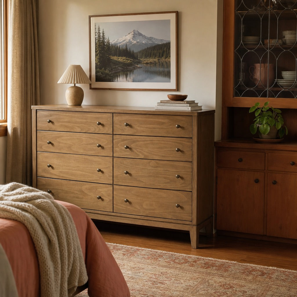 Granada 8 Drawer Dresser Cabinet Natural Pine styled in Portland 1960s Garden Home ranch living room - What&