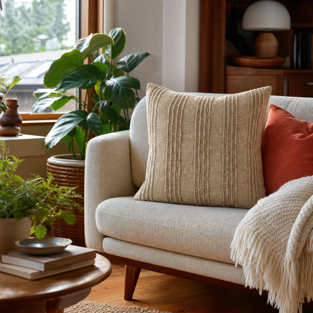 Gratitude Natural Stripe Throw Pillow styled in a Portland Hawthorne bungalow living room lifestyle - Whats New Furniture