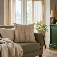 Gratitude Natural Stripe Throw Pillow styled in a Portland Alberta Arts sitting room lifestyle - Whats New Furniture