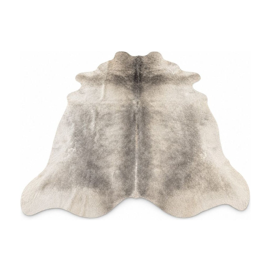 Gray Beige cow hide area rug with irregular natural hide markings.