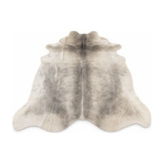 Gray Beige cow hide area rug with irregular natural hide markings.