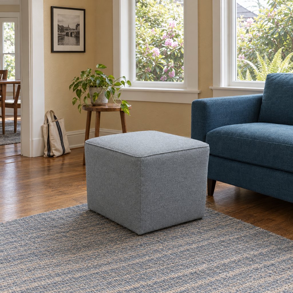 Mid-Century Upholstered Ottoman in Gray styled in a Portland home - Whats New Furniture