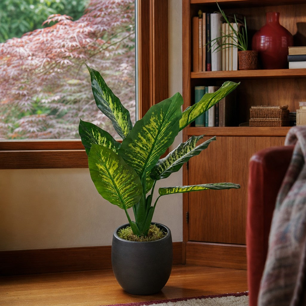 Green faux plant with full leaves in a tall glazed ceramic vase - view 2