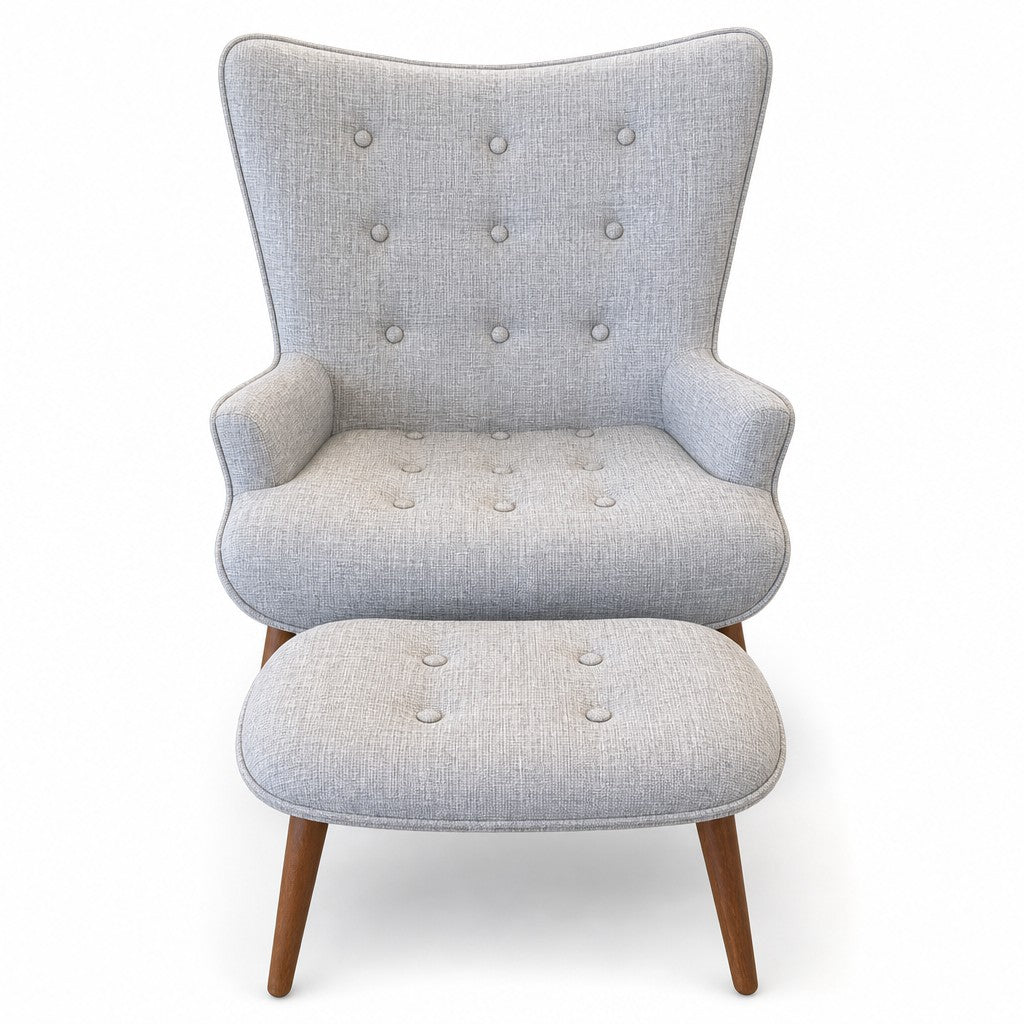 Grey mid-century lounge chair with matching ottoman and low-slung frame