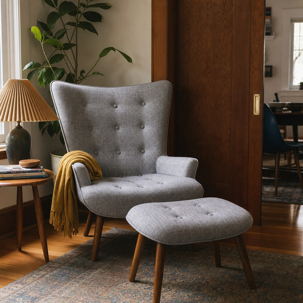 Grey mid-century lounge chair with matching ottoman and low-slung frame - view 2