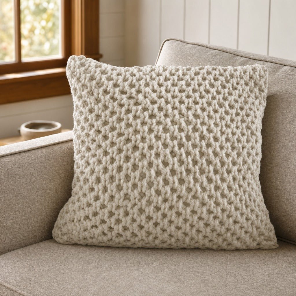 Woven Throw Pillow in Cream styled on a linen sofa in a Portland craftsman living room - Whats New Furniture