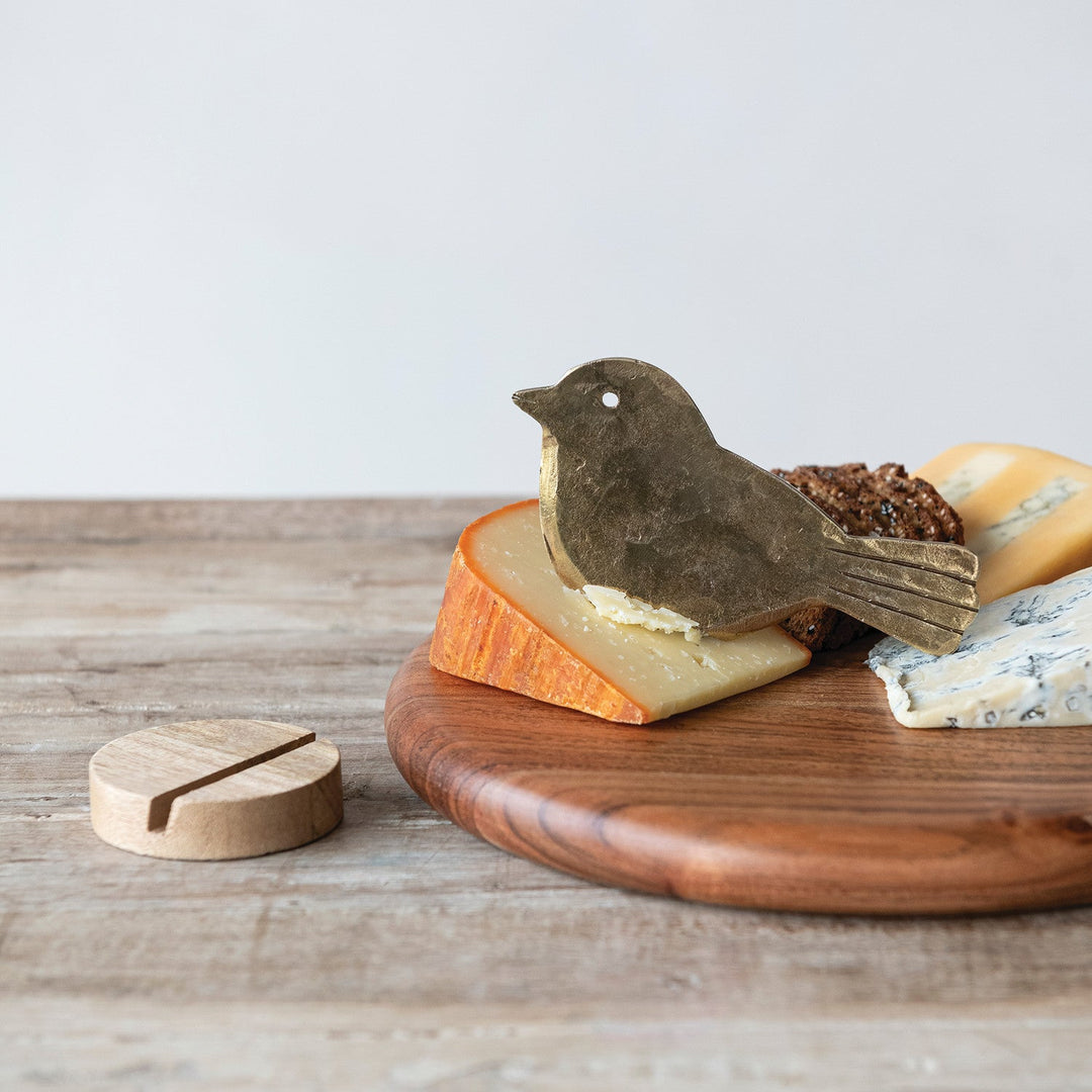 Hand-Forged Bird Cheese Knife with Mango Wood Stand - styled on a cheese board with charcuterie - Creative Co-Op - What&