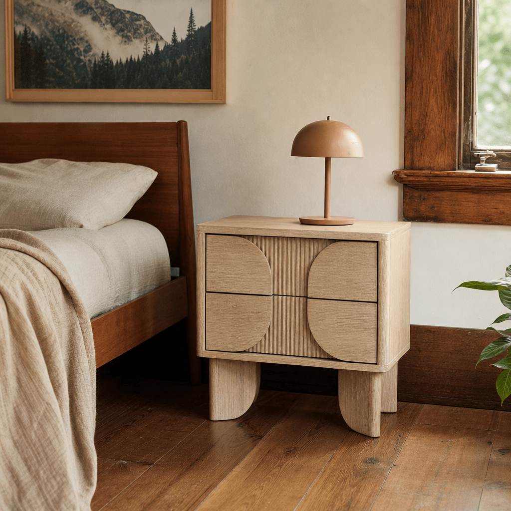 Haru Nightstand in Sand Wash styled room setting - two drawer nightstand by LH Imports - Whats New Furniture Portland OR