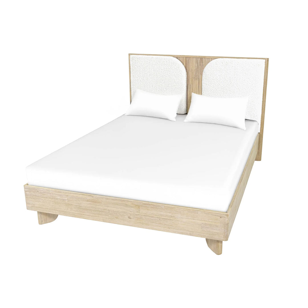 Haru Queen Bed Frame in Sand Wash fabric colorway lifestyle setting - queen upholstered panel bed by LH Imports - Whats New Furniture Portland OR