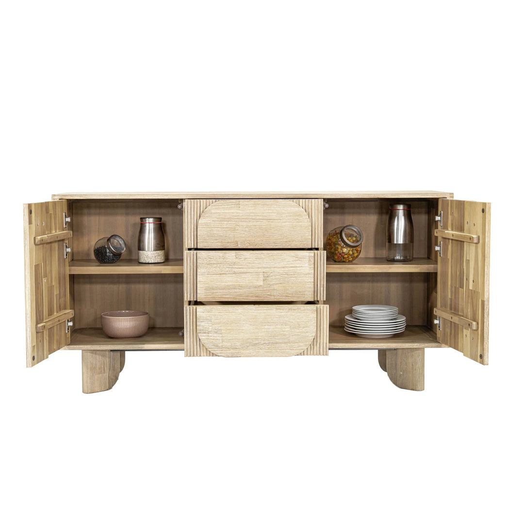 Haru Sideboard in Sand Wash open storage side angle - acacia sideboard by LH Imports - Whats New Furniture Portland OR
