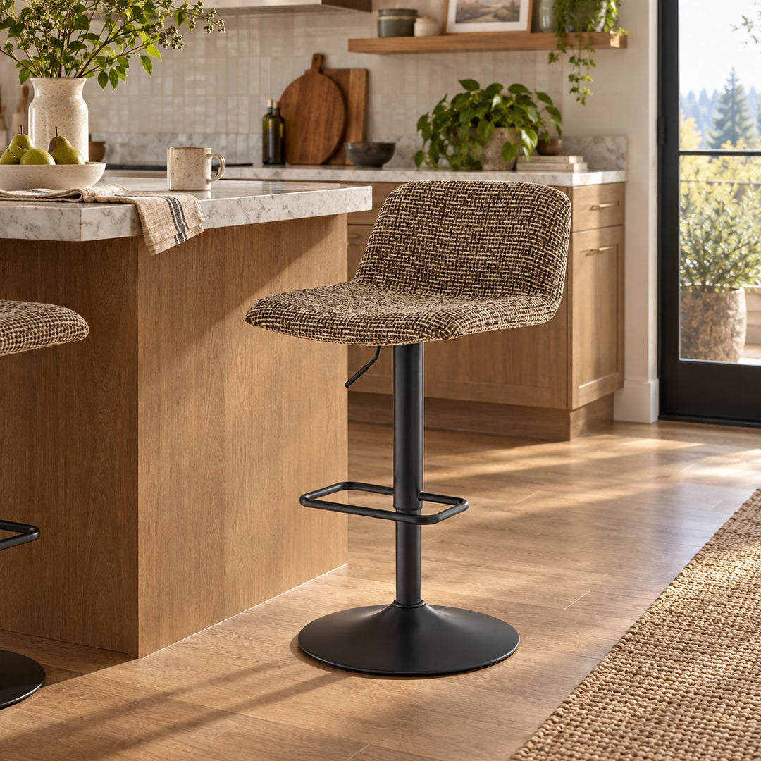 Harven Chenille Adjustable Swivel Bar Stool in Sylva Brown styled in a Portland home - Whats New Furniture Portland