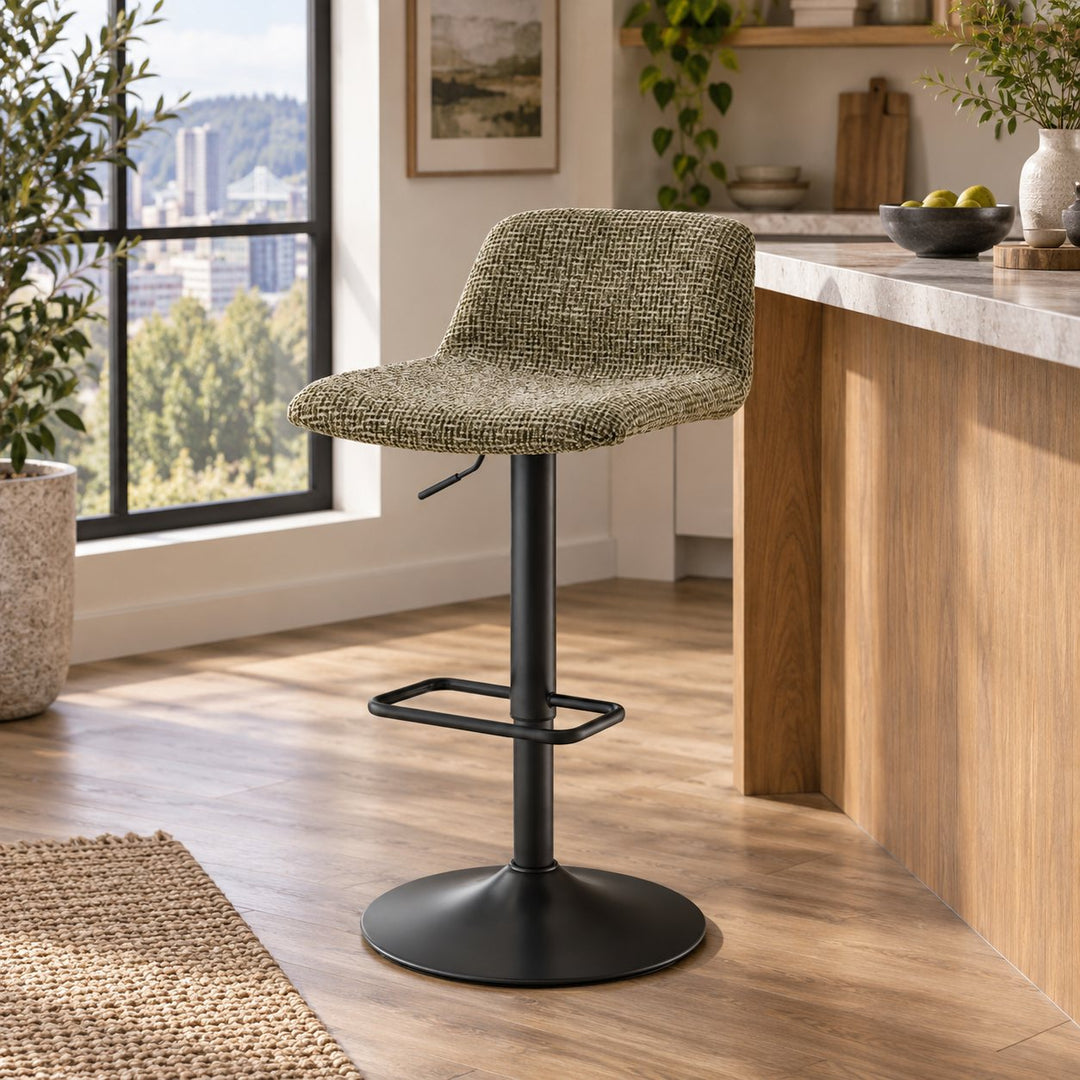 Harven Chenille Adjustable Swivel Bar Stool in Sylva Green styled in a Portland home - Whats New Furniture Portland
