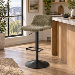 Harven Chenille Adjustable Swivel Bar Stool in Sylva Green styled in a Portland home - Whats New Furniture Portland