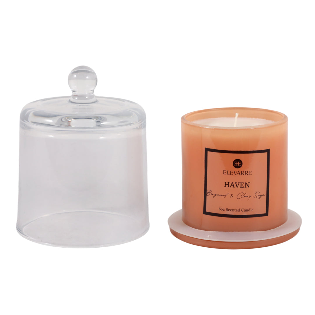 Haven Bergamot &amp; Clary Sage Cloche Candle, 6 oz with the glass cloche lifted off - scented candle by Elevarre by Sagebrook Home - Whats New Furniture Portland OR