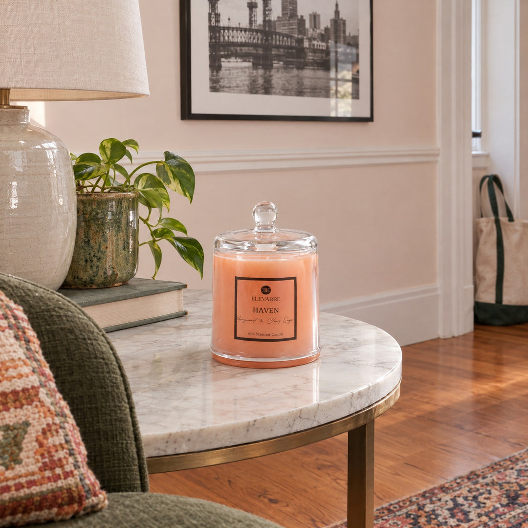 Haven Bergamot &amp; Clary Sage Cloche Candle, 6 oz styled in a Portland living room - Whats New Furniture