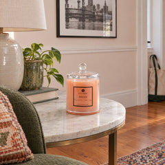 Haven Bergamot &amp; Clary Sage Cloche Candle, 6 oz styled in a Portland living room - Whats New Furniture