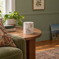 Haven Bergamot &amp; Clary Sage Marble Candle, 9 oz styled in a Portland living room - Whats New Furniture