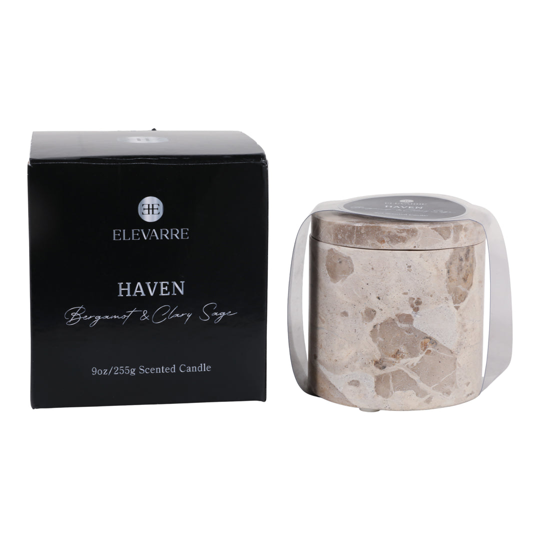 Haven Bergamot &amp; Clary Sage Marble Candle, 9 oz with its Elevarre gift box - scented candle by Elevarre by Sagebrook Home - Whats New Furniture Portland OR