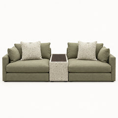 Haze sofa in Beethoven Olivine with Junction Thyme console, studio - Whats New Furniture Portland OR