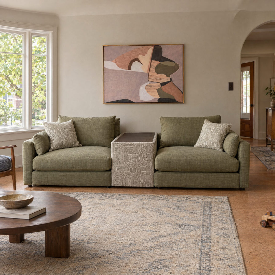 Haze sofa in Beethoven Olivine with Junction Thyme console, styled Portland room - Whats New Furniture Portland OR