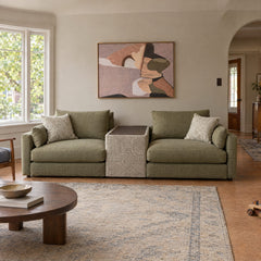 Haze sofa in Beethoven Olivine with Junction Thyme console, styled Portland room - Whats New Furniture Portland OR