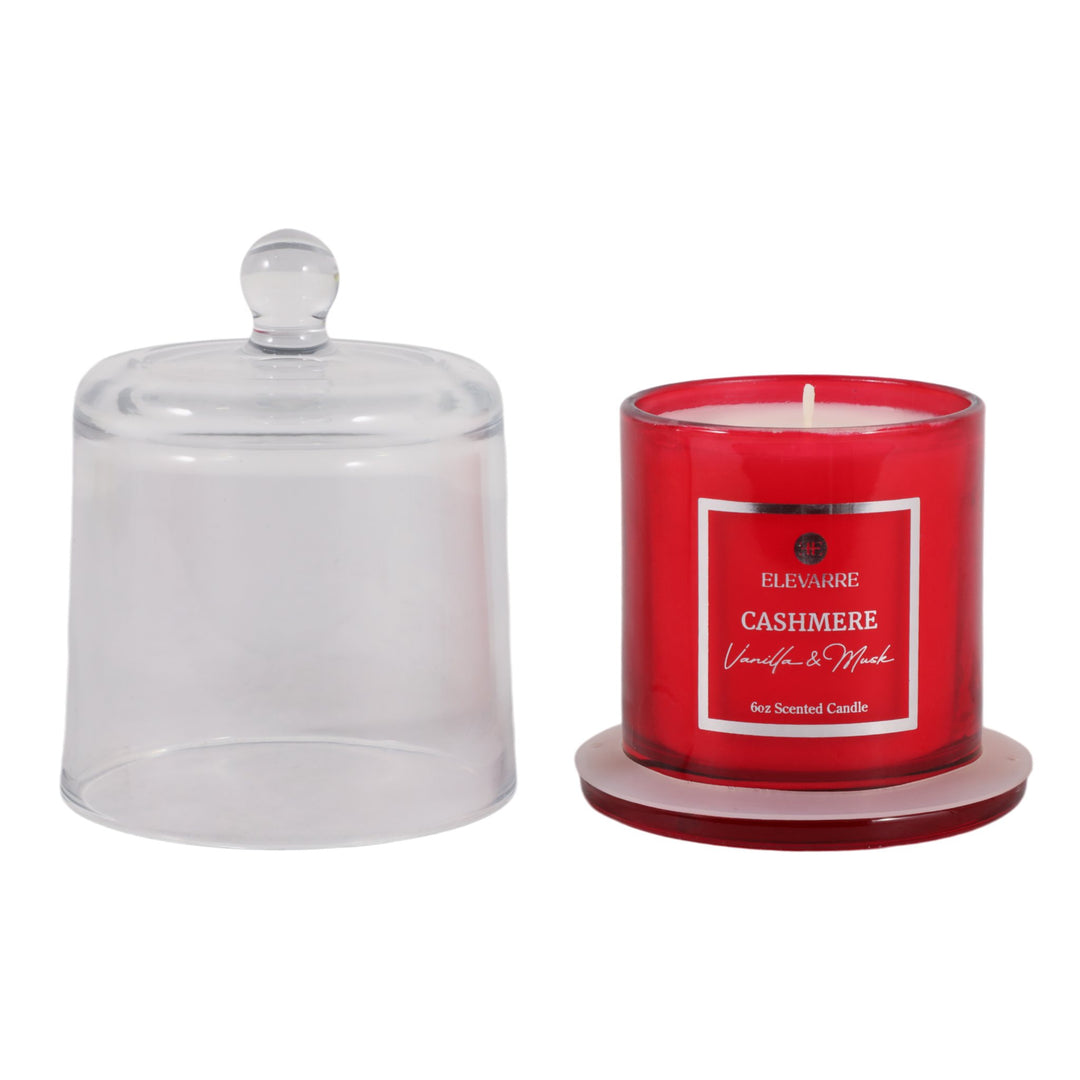Hemmingworth Cashmere candle in Red beside its glass cloche, studio - Whats New Furniture Portland OR