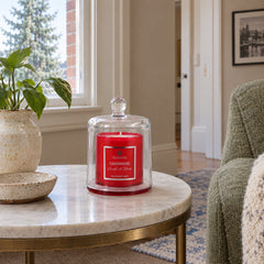 Hemmingworth Cashmere candle in Red styled on a Portland side table - Whats New Furniture Portland OR