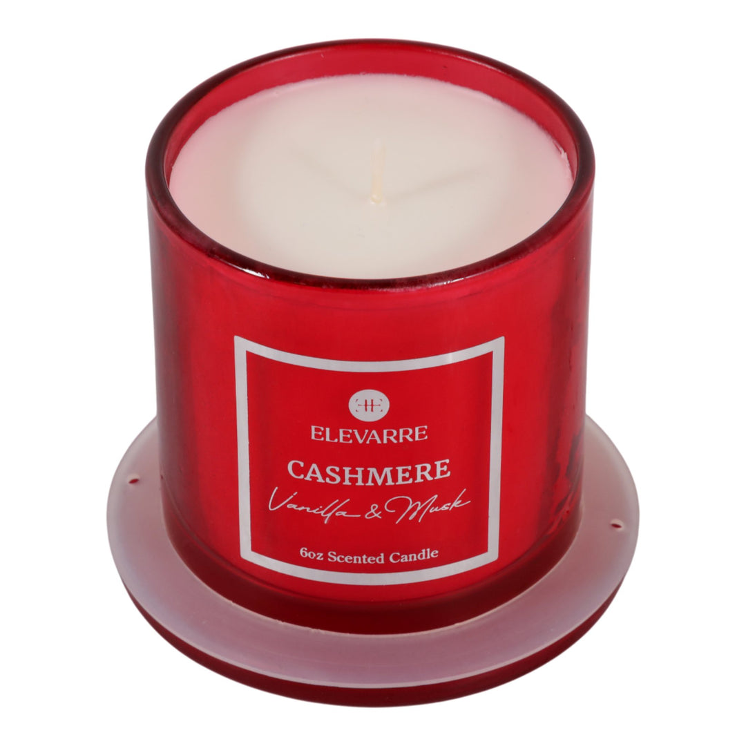 Hemmingworth Cashmere candle in Red showing soy wax and wick, studio - Whats New Furniture Portland OR