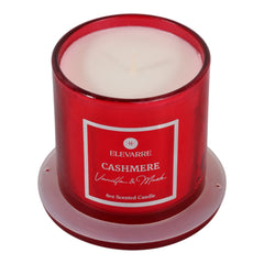 Hemmingworth Cashmere candle in Red showing soy wax and wick, studio - Whats New Furniture Portland OR