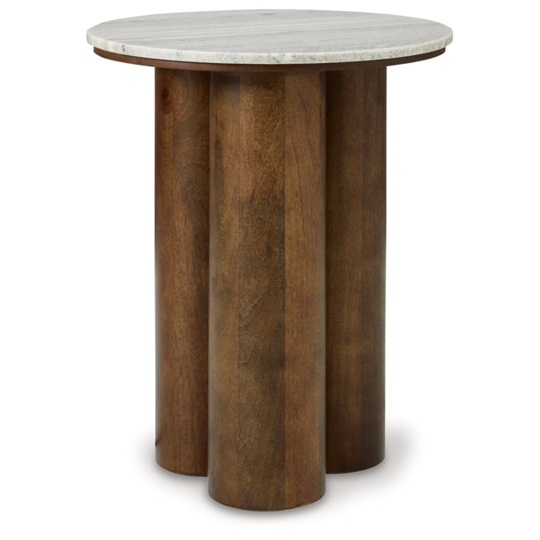 Henfield Accent Table in Beige Brown alternate front view - beige brown accent table by Ashley - Whats New Furniture Portland OR