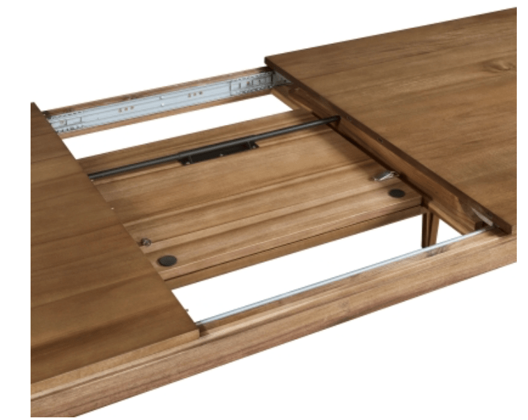 Hereford Butterfly Dining Table in Hazelnut Brown close-up of butterfly extension mechanism hardware - dining table by NPD - Whats New Furniture Portland OR