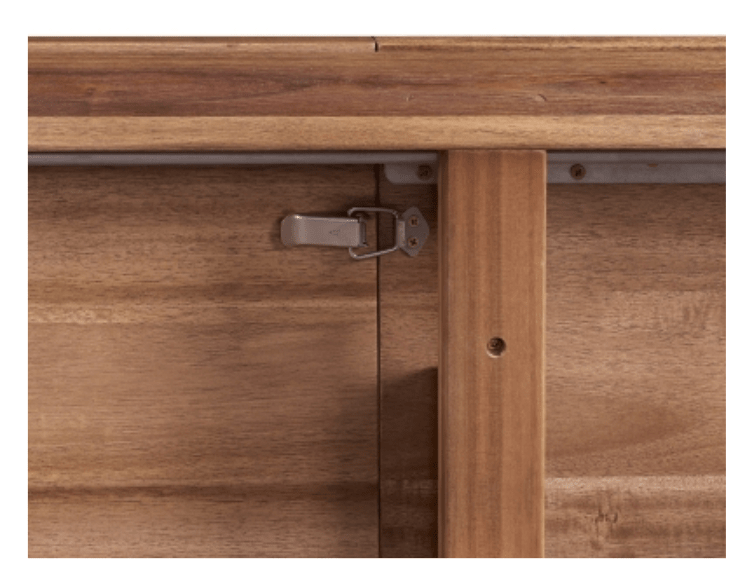 Hereford Butterfly Dining Table in Hazelnut Brown close-up of tapered leg attachment and apron detail - acacia dining table by NPD - Whats New Furniture Portland OR