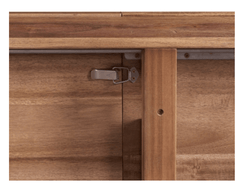 Hereford Butterfly Dining Table in Hazelnut Brown close-up of tapered leg attachment and apron detail - acacia dining table by NPD - Whats New Furniture Portland OR
