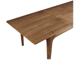 Hereford Butterfly Dining Table in Hazelnut Brown high-angle view with 22-inch butterfly leaf extended - acacia dining table by NPD - Whats New Furniture Portland OR