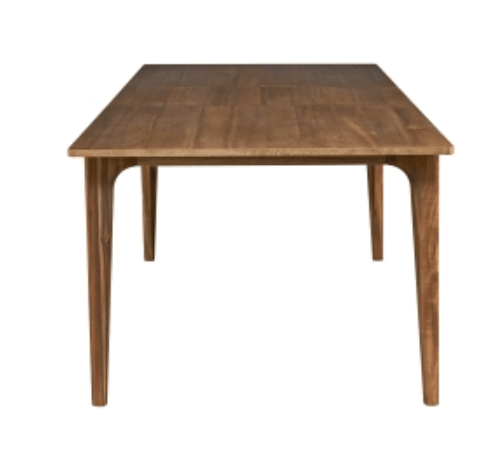 Hereford Butterfly Dining Table in Hazelnut Brown high three-quarter perspective showing tapered legs - acacia dining table by NPD - Whats New Furniture Portland OR