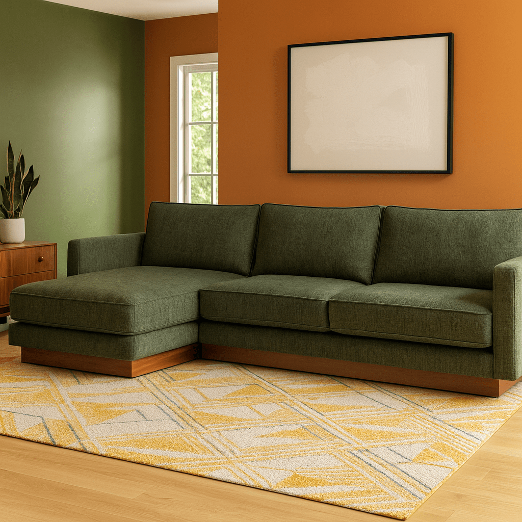 Highland Sectional in Canna Forest Green detail view - chaise sectional private label - Whats New Furniture Portland OR