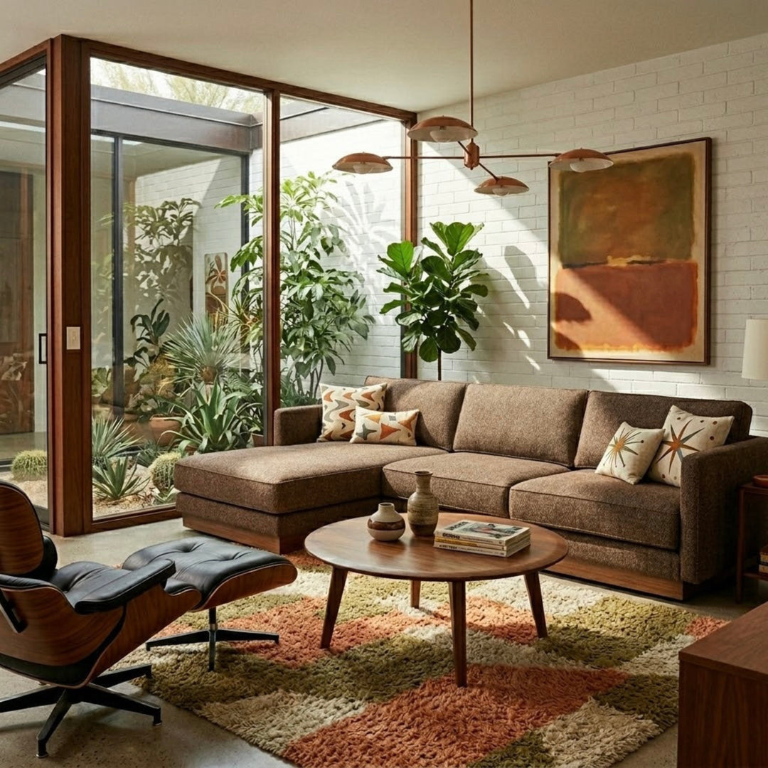 Highland Sectional in Nantes Brown fabric colorway front view - chaise sectional private label - Whats New Furniture Portland OR